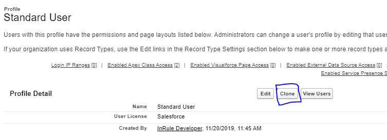 Standard User Profile Detail page with the Clone button circled