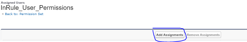 Assigned Users page for InRule_User_Permissions with the Add Assignments button circled