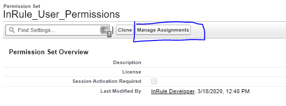 InRule_User_Permissions Permission Set Overview page with the Manage Assignments button circled