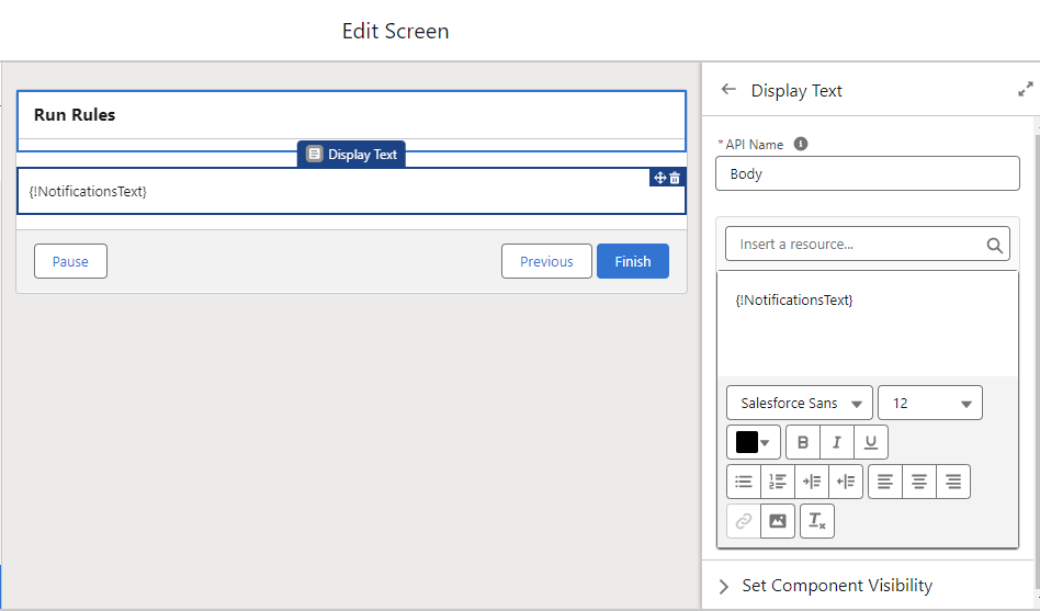 Edit Screen dialog showing a Display Text component named Notifications bound to the NotificationsText resource