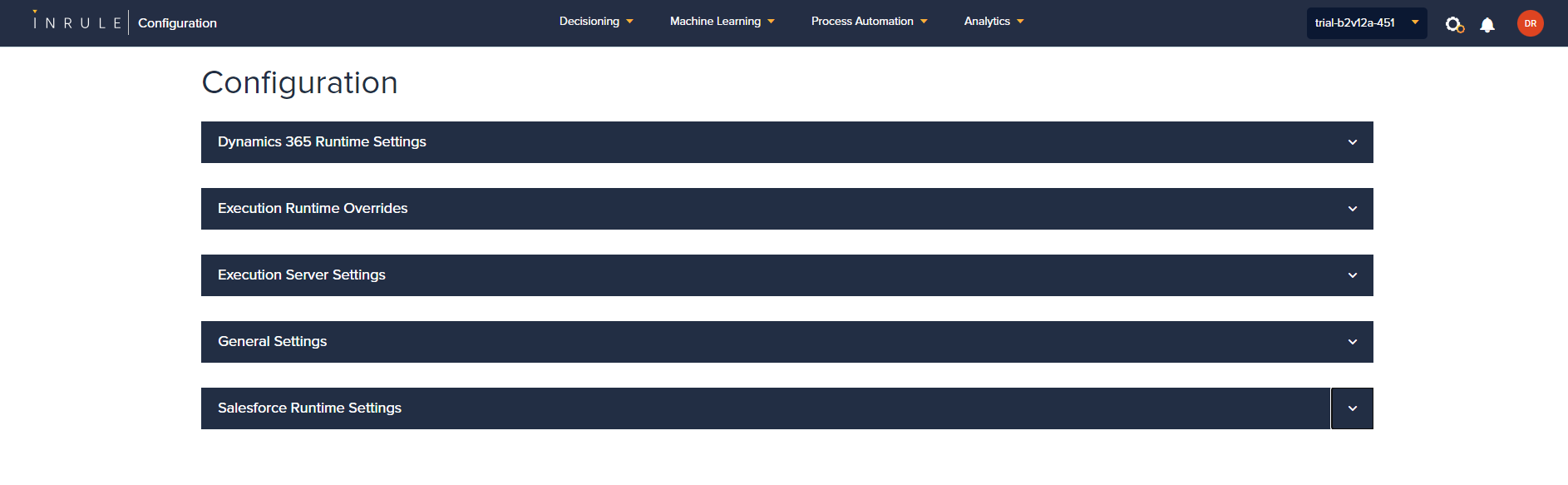 InRule SaaS portal Configuration page with expandable sections for Dynamics 365 Runtime Settings, Execution Runtime Overrides, Execution Sever Settings, General Settings, and Salesforce Runtime Settings