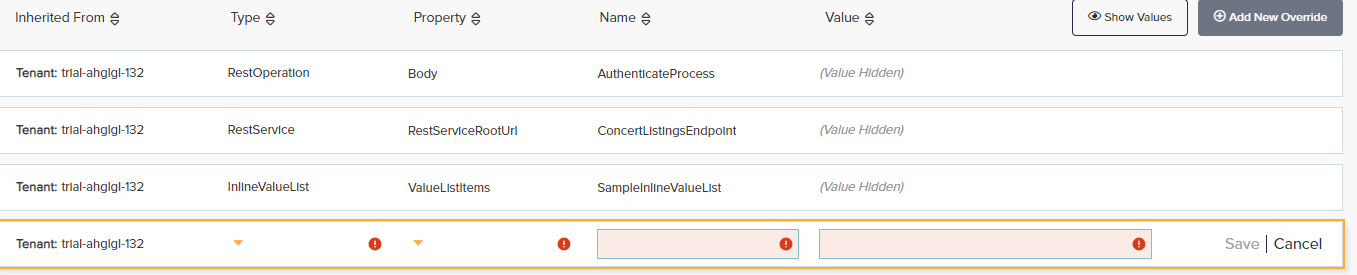 Execution Runtime Overrides list with a new blank override row added, showing Inherited From, Type, Property, Name, and Value columns