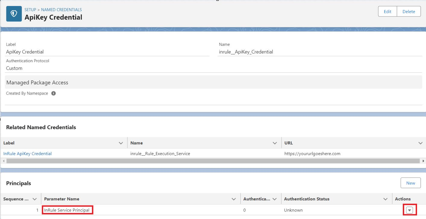 ApiKey Credential detail page with the Principals section showing InRule Service Principal and its actions dropdown highlighted