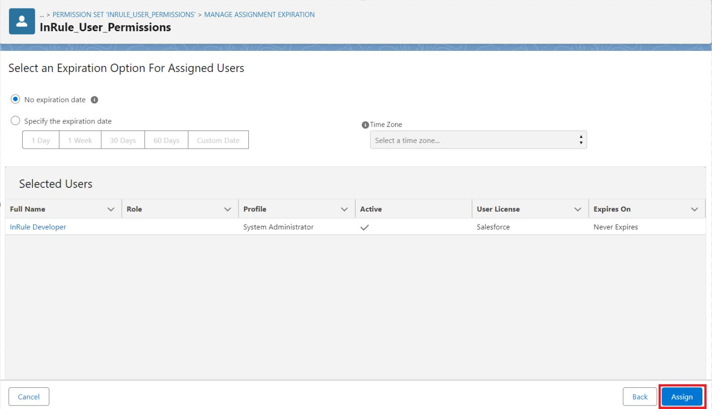 Assignment expiration screen with No expiration date selected, a Selected Users table, and the Assign button highlighted