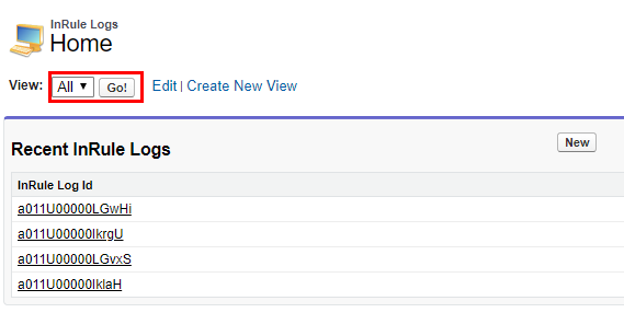 InRule Logs Home page with the View All dropdown and Go button highlighted, and a Recent InRule Logs list of log IDs