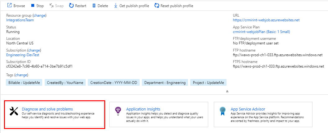 Azure App Service overview with the Diagnose and solve problems card highlighted