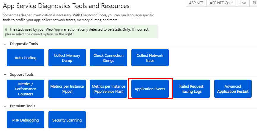 App Service Diagnostics Tools and Resources with Diagnostic Tools, Support Tools, and Premium Tools sections, and Application Events highlighted
