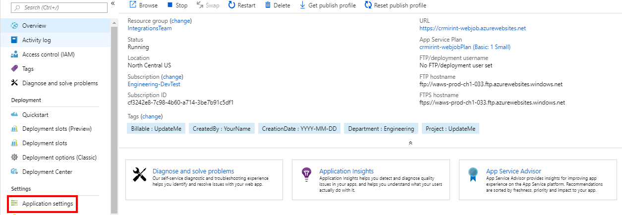 Azure App Service overview left menu with Application settings highlighted under Settings