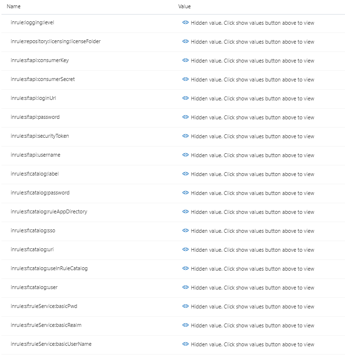 Application settings list of Name/Value pairs including inrule:logging, inrule:repository:licensing, inrule:sf:api, and other inrule:sf: settings, all with hidden values