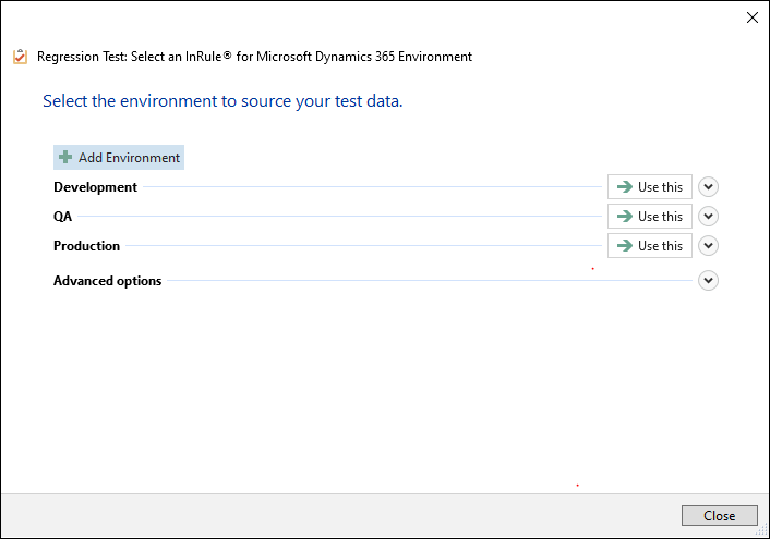 Regression Test: Select an InRule for Microsoft Dynamics 365 Environment dialog showing Development, QA, and Production