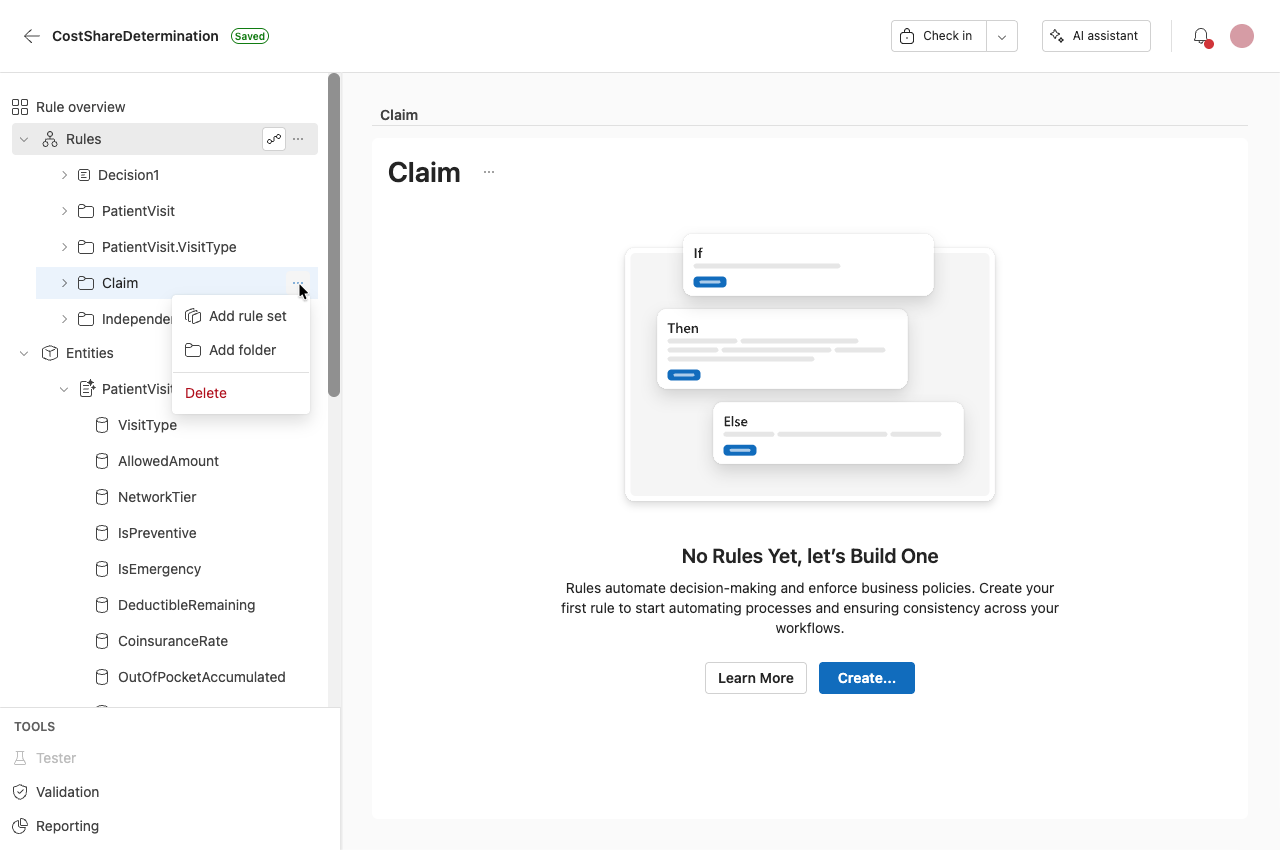 Screenshot showing how to add a rule set or folder
