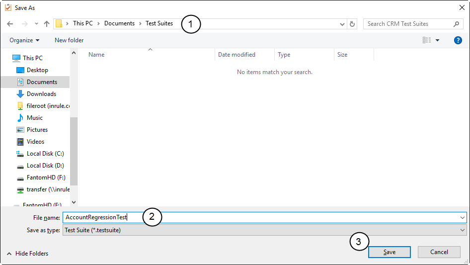 Save As dialog for saving a Test Suite file