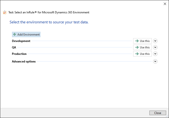 Test: Select an InRule for Microsoft Dynamics 365 Environment dialog showing Development, QA, and Production