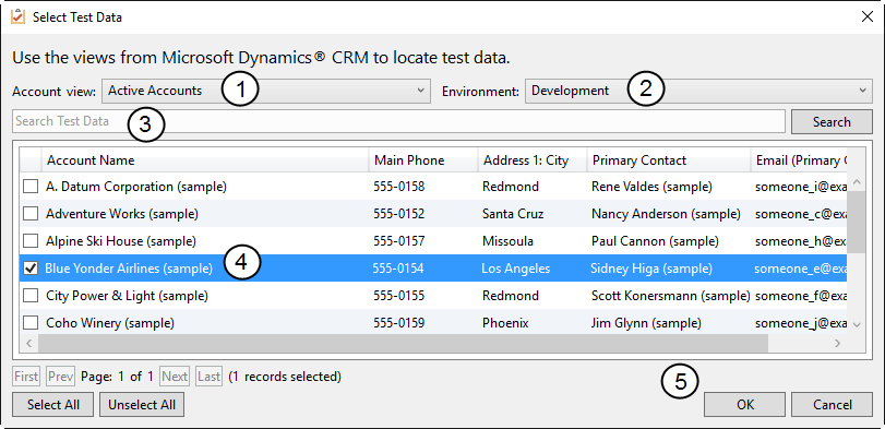 Select Test Data dialog with checkboxes for selecting multiple sample accounts