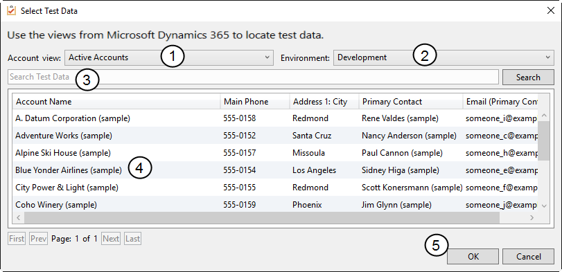 Select Test Data dialog listing sample Dynamics 365 accounts with numbered callouts