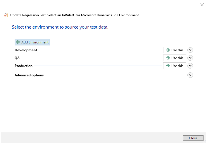 Update Regression Test: Select an InRule for Microsoft Dynamics 365 Environment dialog showing Development, QA, and Production